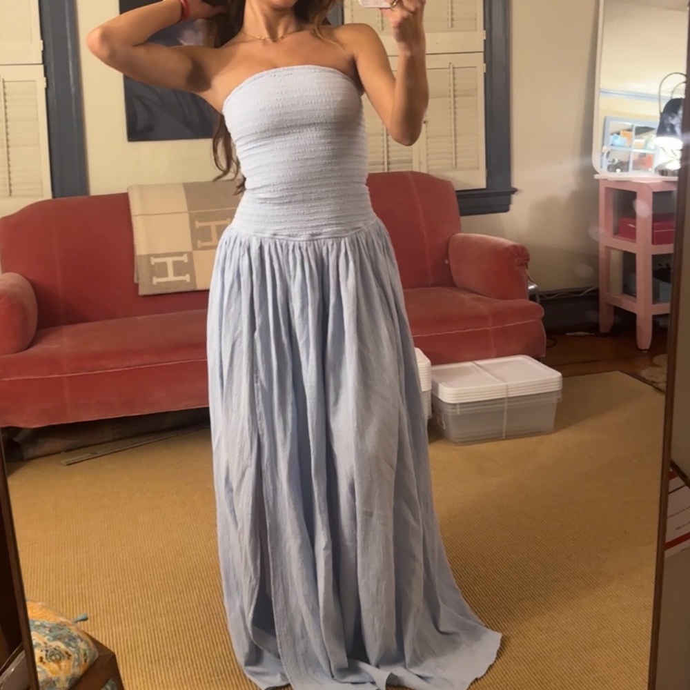 NWT Meshki ‘Maureen’ powder blue cotton shirring strapless maxi dress - Picture 12 of 16